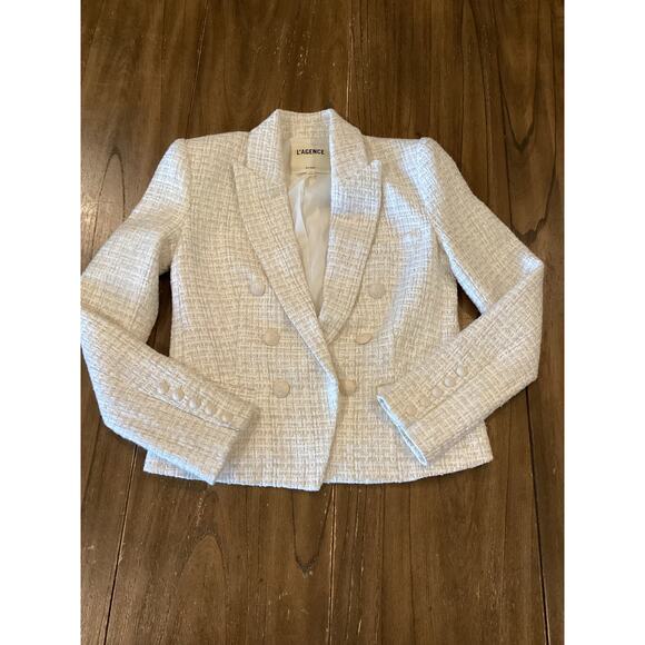 L'AGENCE Brooke Double Brested Crop boucle Blazer in ivory ecru tweed style 0 - Picture 3 of 13
